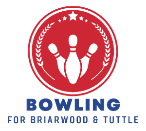 Logo: Red circle with bowling pins inside with words "Bowling for Briarwood and Tuttle" in blue below the circle.
