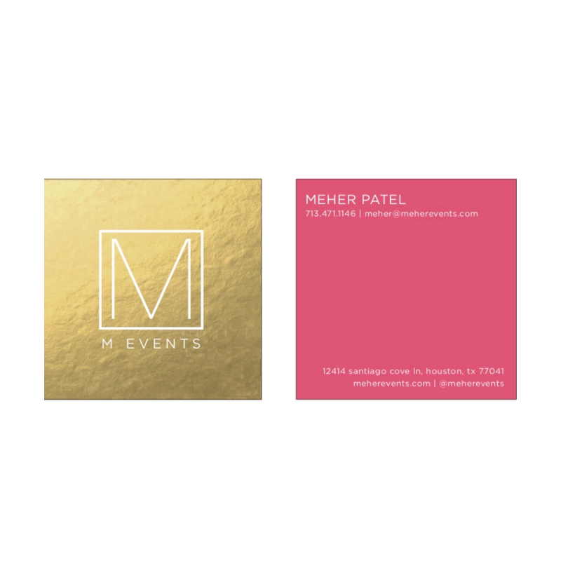 Logo: Pink square, Mehar Patel Events.