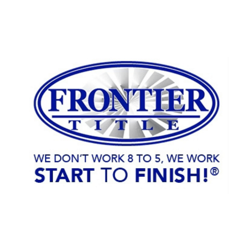 Logo: Blue words in blue circle, Frontier Title, We don't work 8 to 5, we work start to finish!